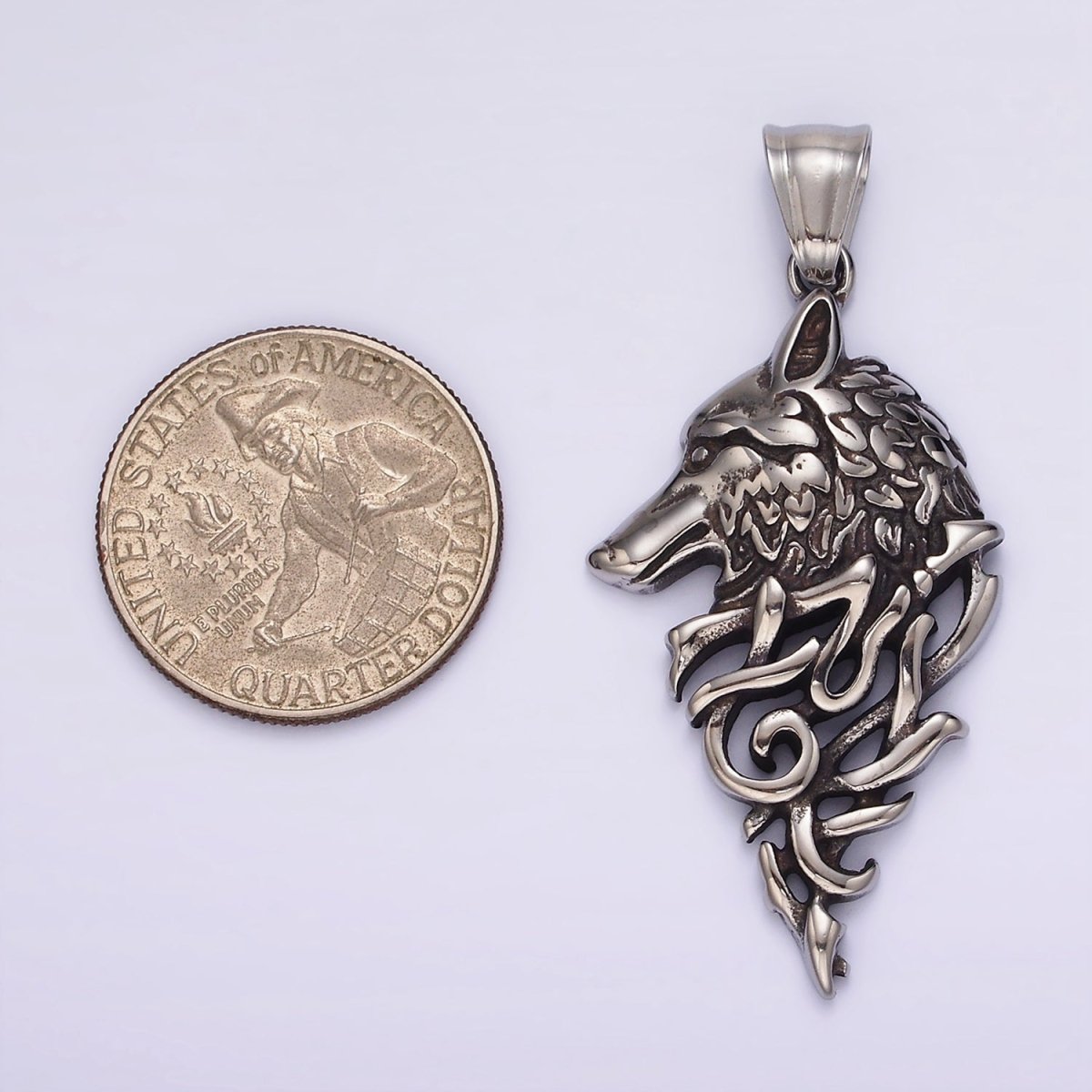 Stainless Steel 50mm Wolf Animal Head Geometric Open Oxidized Pendant | P1185