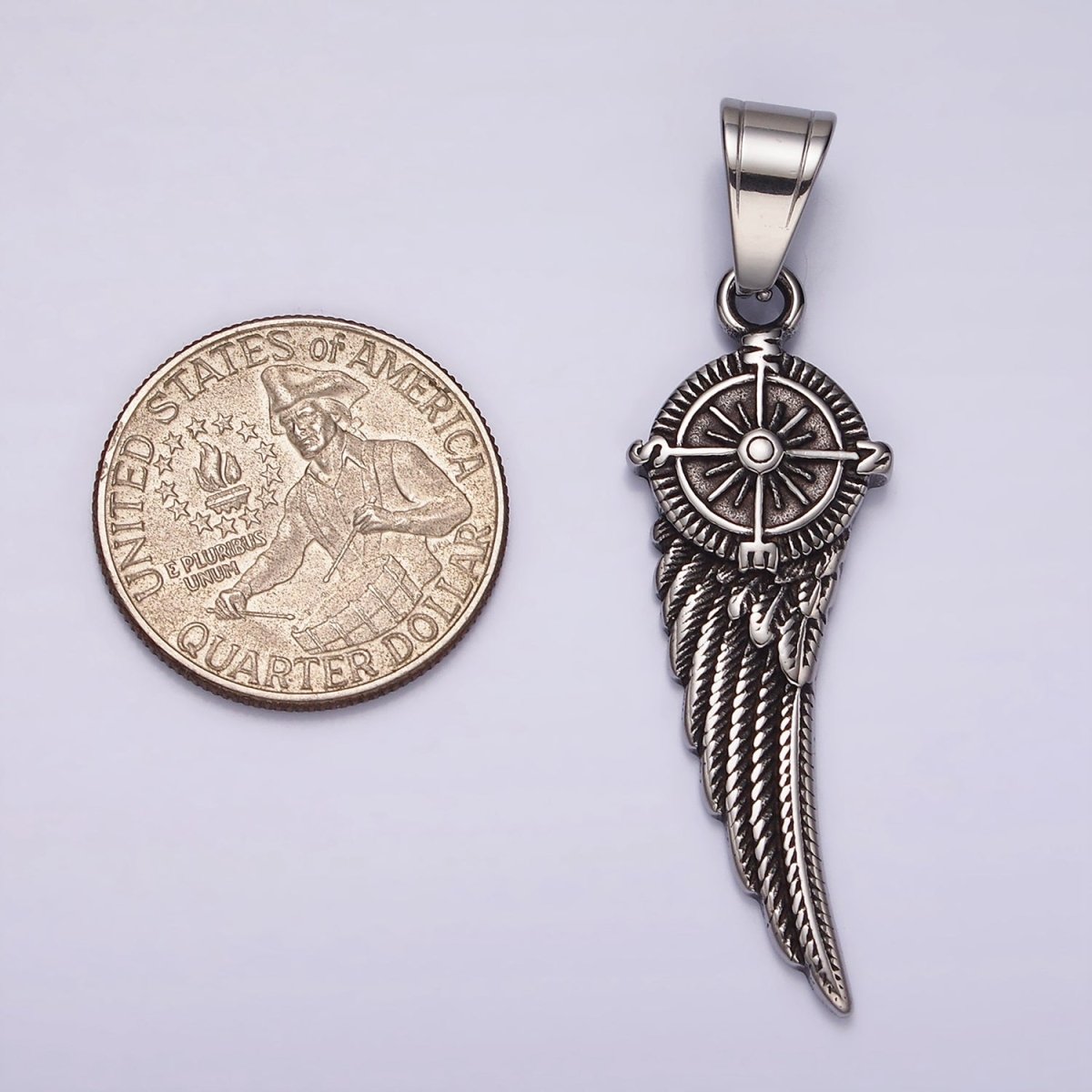 Stainless Steel 55mm Compass Angel Feather Wing Oxidized Pendant | P1180