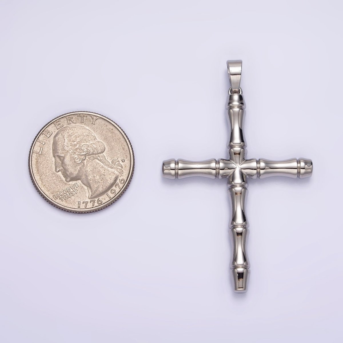 Stainless Steel 56mm Bamboo Cross Religious Silver Pendant | P-774