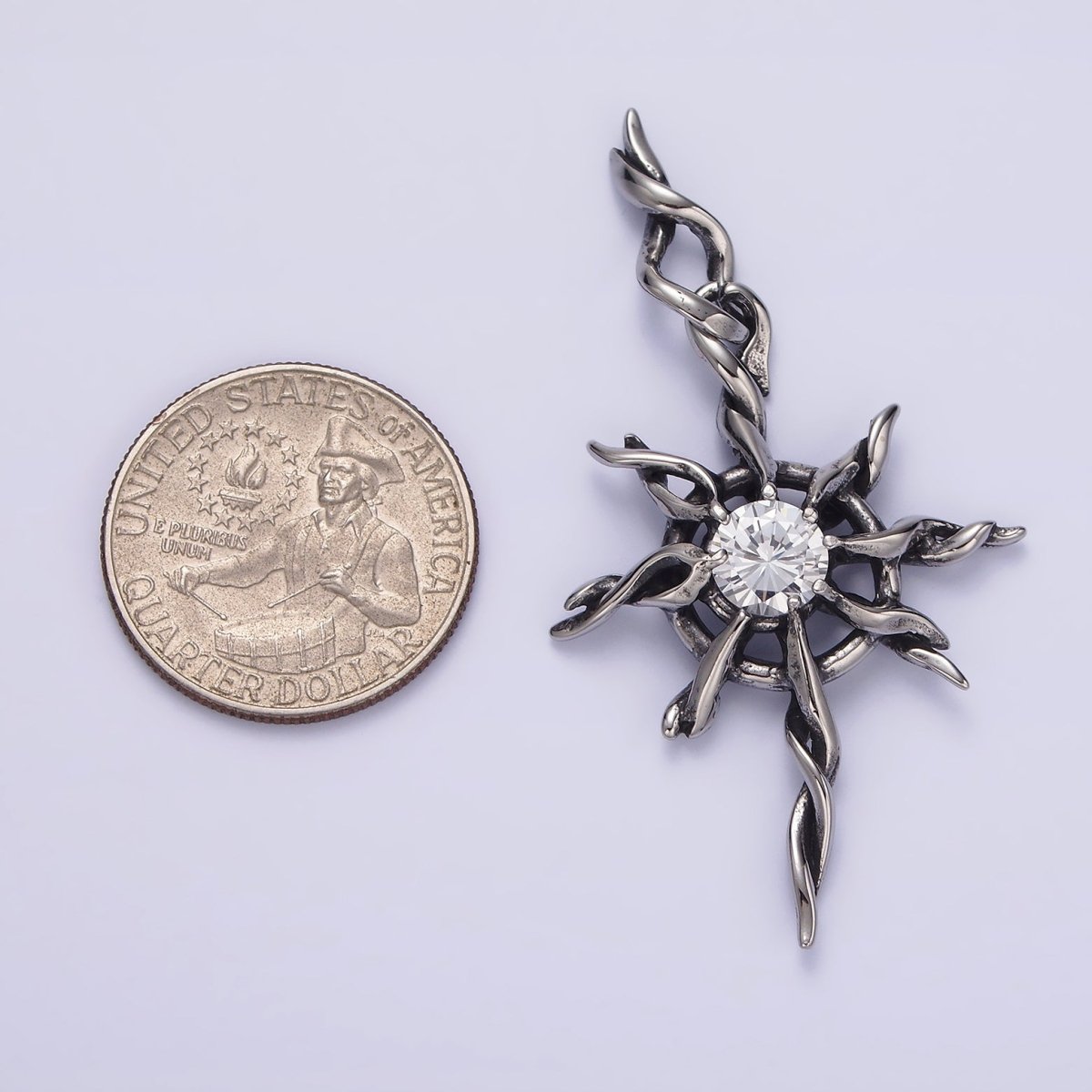 Stainless Steel 60mm Celestial Sun Star Clear CZ Twisted Ray Pendant | P-745