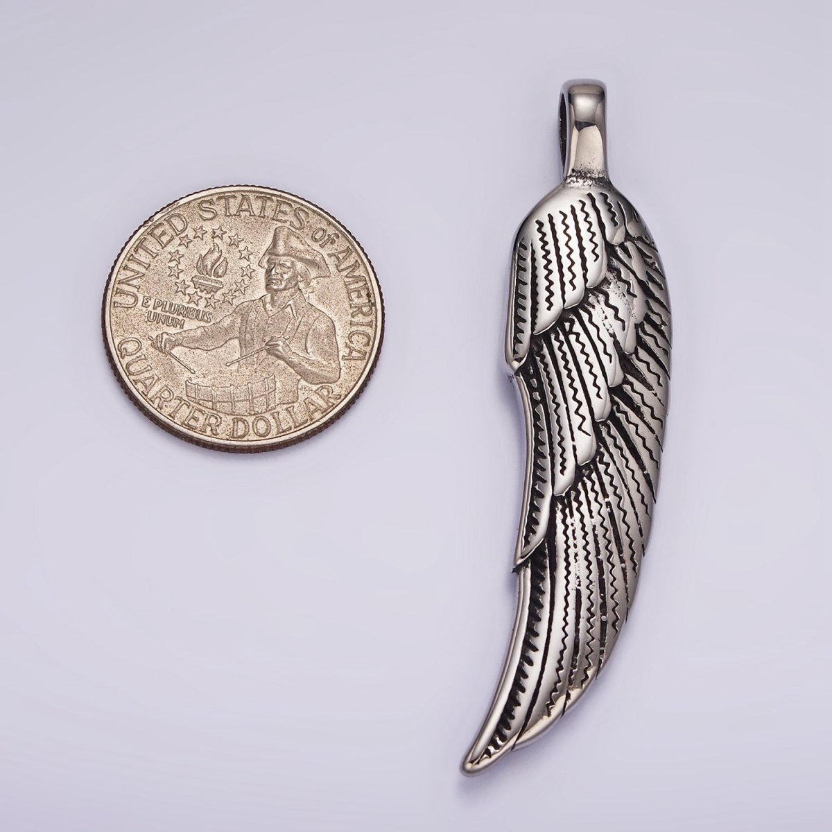 Stainless Steel 60mm Line-Textured Feather Angel Wing Oxidized Pendant | P876