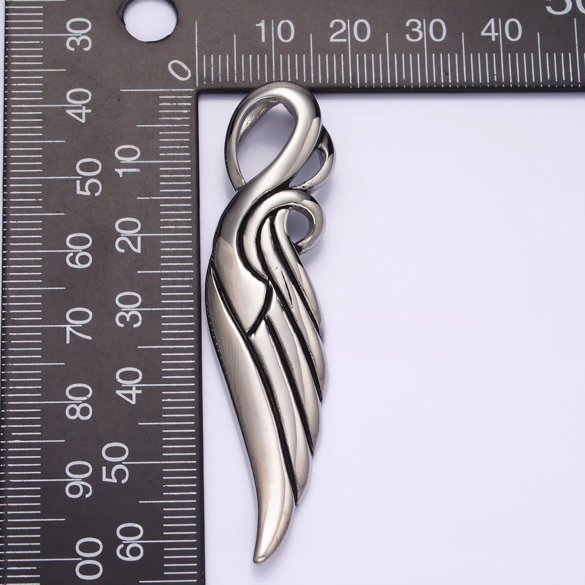 Stainless Steel 63mm Curved Lined Feather Wings Pendant | P-857
