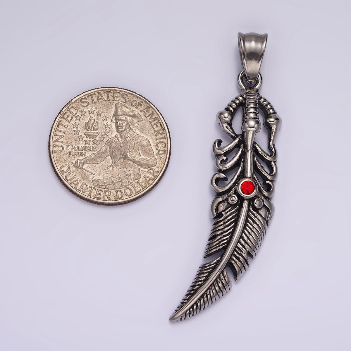 Stainless Steel 63mm Feather Charm Red Eye Long Statement Boho Oxidized Pendant | P871