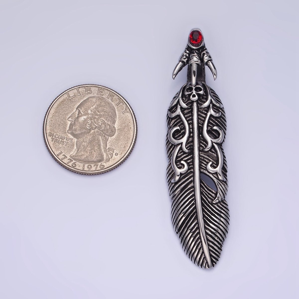 Stainless Steel 63mm Red CZ Feather Leaf Oxidized Pendant | P1390