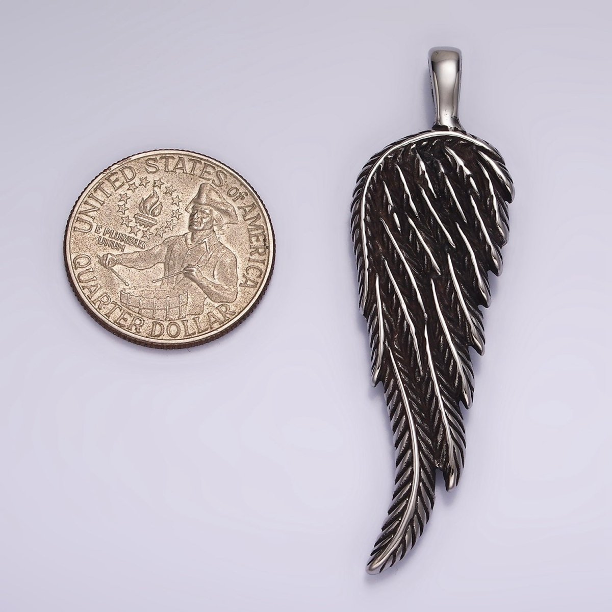 Stainless Steel 65mm Line-Textured Angel Wing Feather Oxidized Pendant | P868