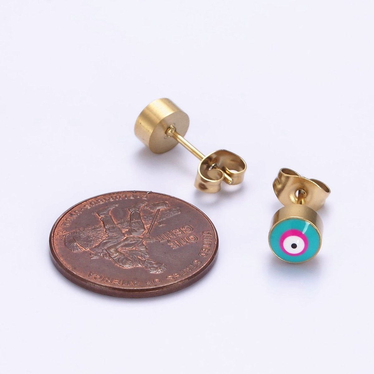 Stainless Steel 6mm Evil Eye Blue-Pink Enamel Round Stud Earrings | AE738