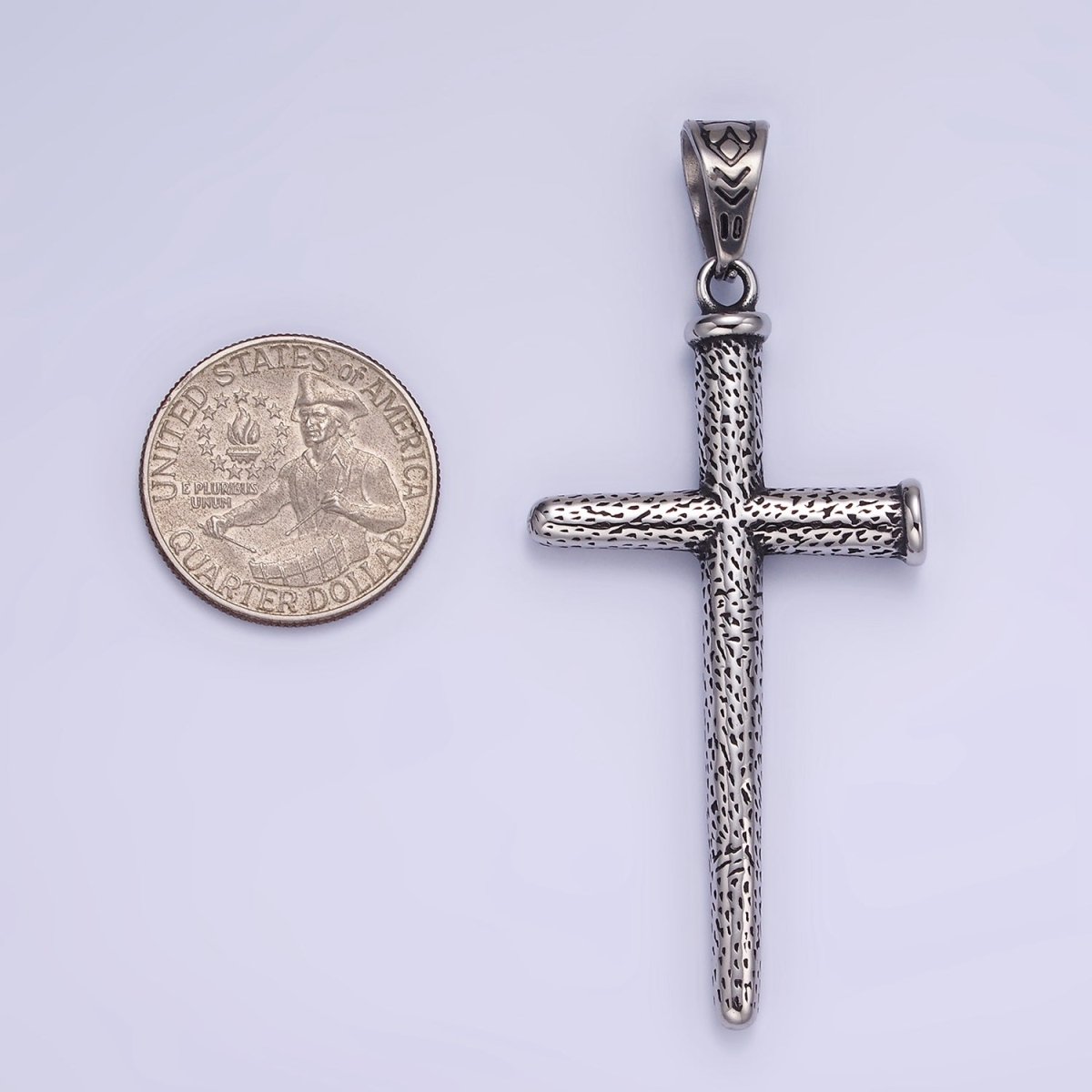 Stainless Steel 74mm Textured Nail Religious Cross Oxidized Silver Pendant | P1413