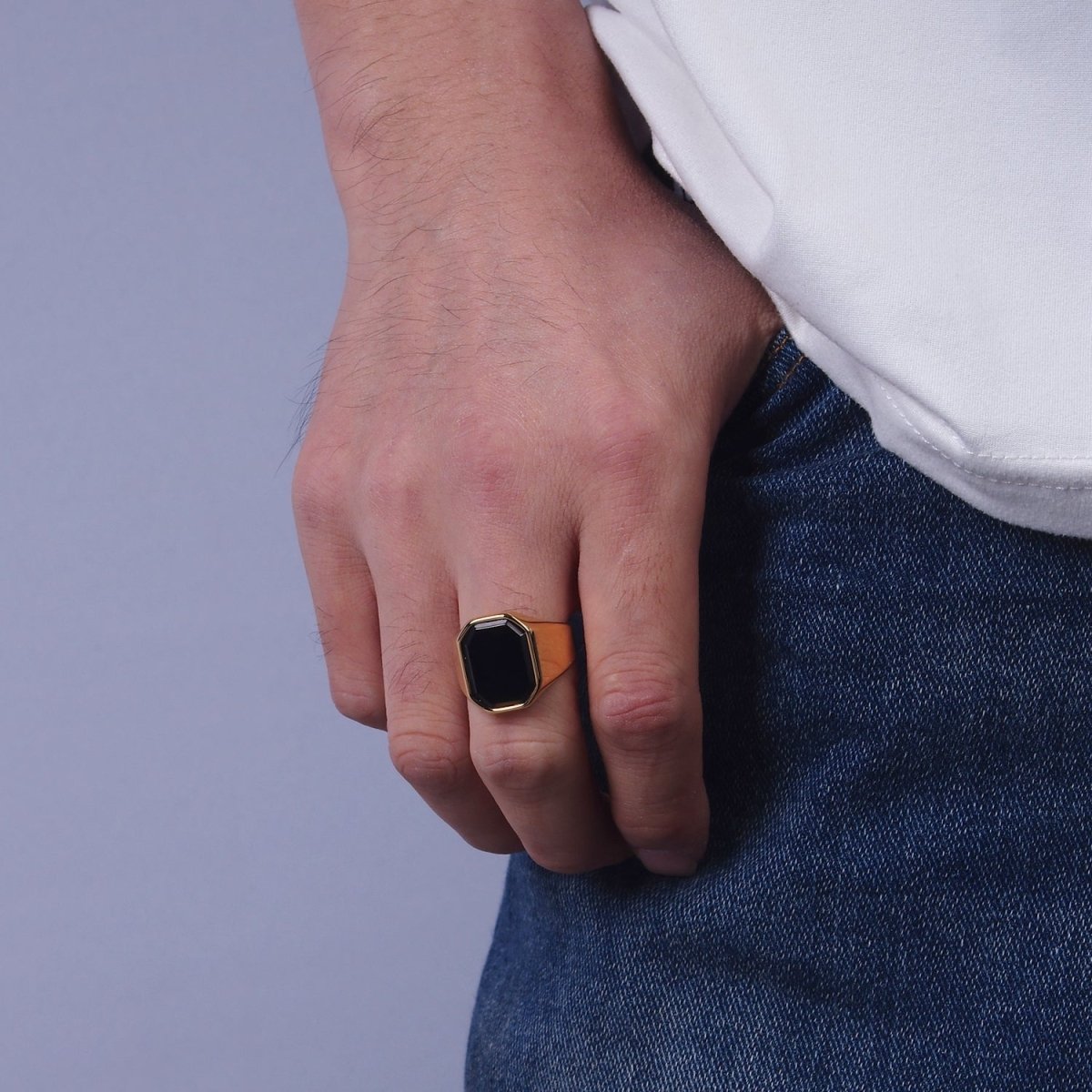 Stainless Steel Black Onyx Edged Men Signet Ring in Gold & Silver | O1249 - O1254
