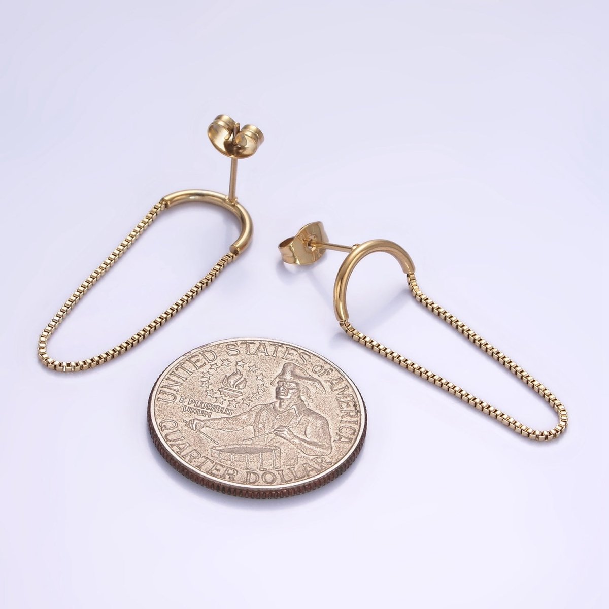 Stainless Steel Box Chain Curved Minimalist Stud Earrings | AB1153