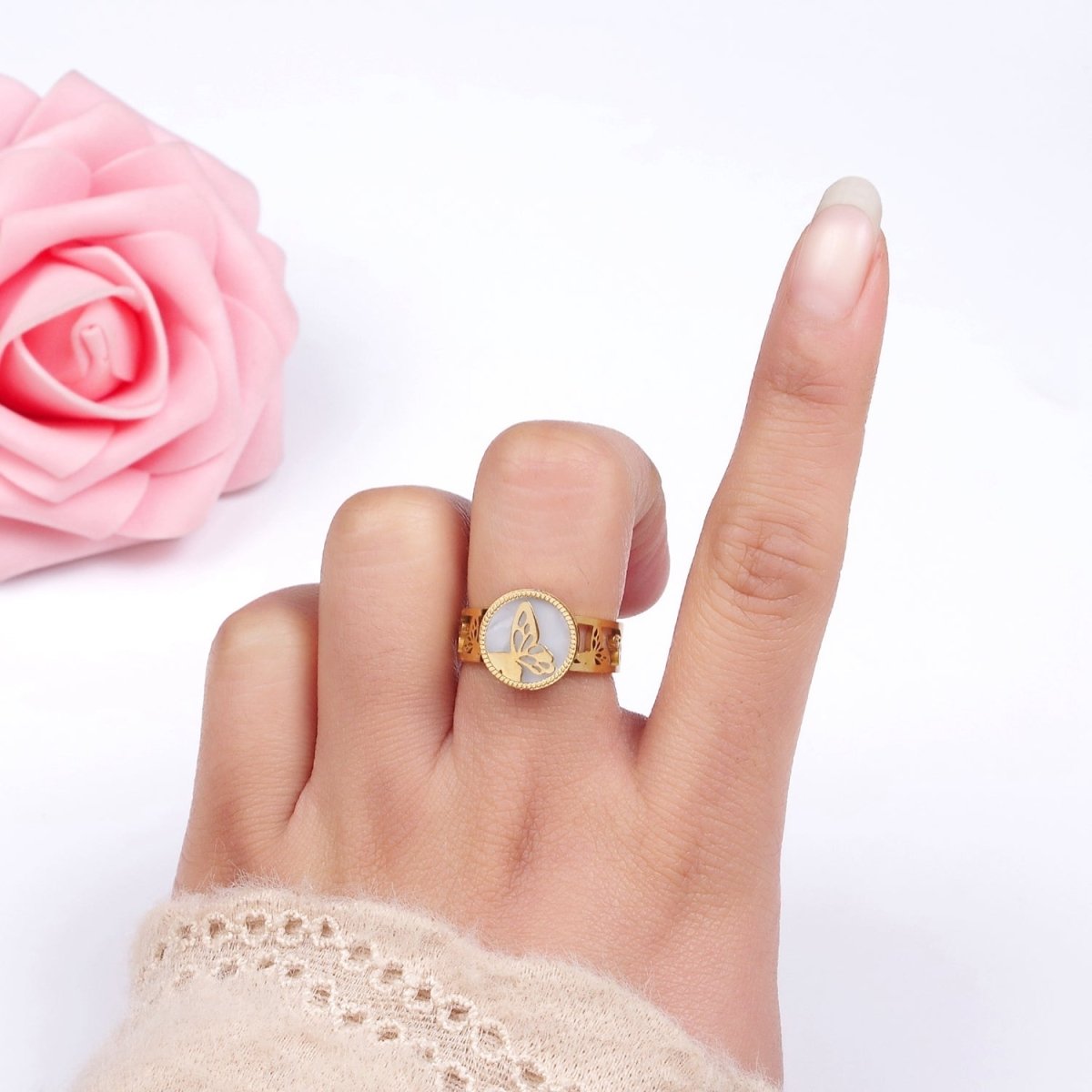 Stainless Steel Butterfly Shell Pearl Multiple Outline Double Band Ring | O1298