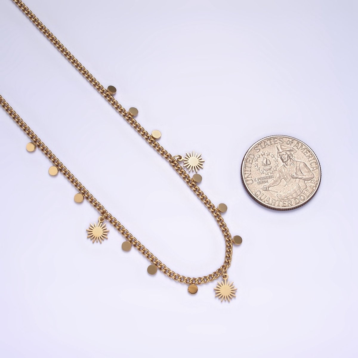 Stainless Steel Celestial Sun Disc 17 Inch Curb Chain Necklace | WA-2078 Clearance Pricing
