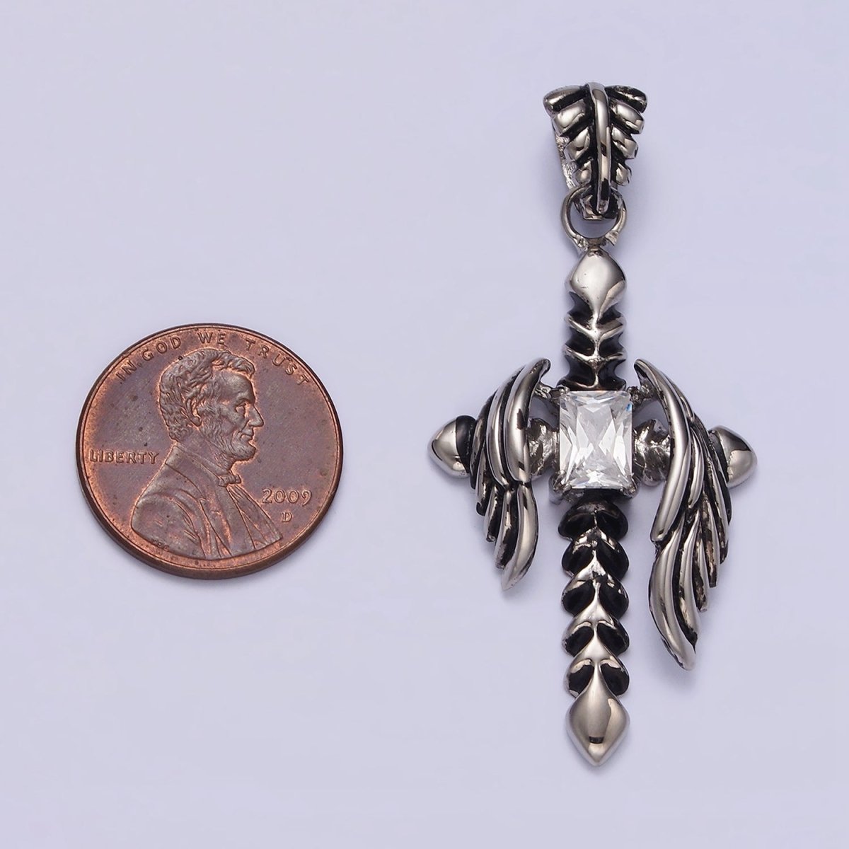 Stainless Steel Clear CZ Baguette Arrow Passion Cross Feather Wings Pendant | P-812