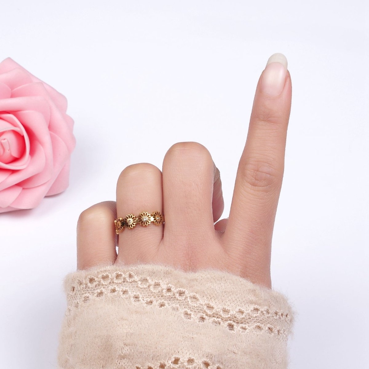 Stainless Steel Clear CZ Open Flower Nature Outlined Adjustable Ring | O1283