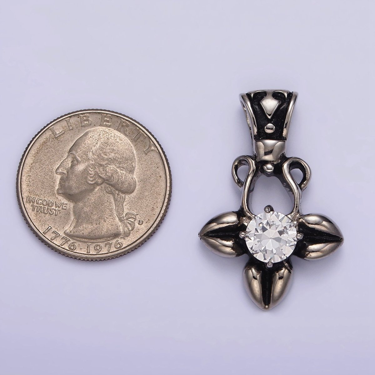 Stainless Steel Clear CZ Round Geometric Flower Petal Open Passion Cross Bail Pendant | P-810