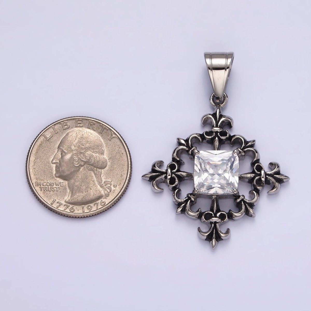 Stainless Steel Clear CZ Square Multiple Fleur De Lis Open Round Compass Pendant | P-829