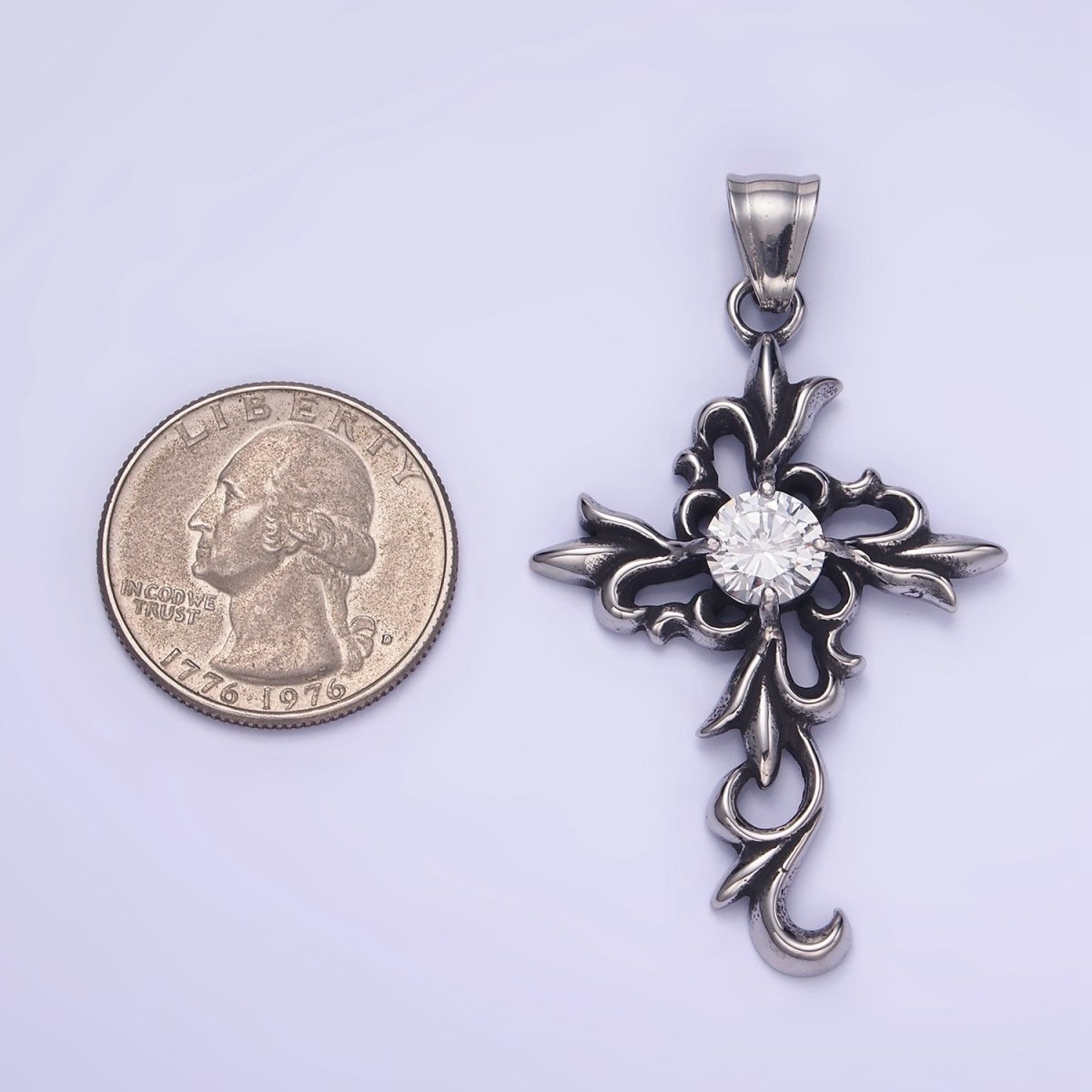 Stainless Steel CZ Elaborate Artisan Cross Oxidized Silver Pendant | P1422