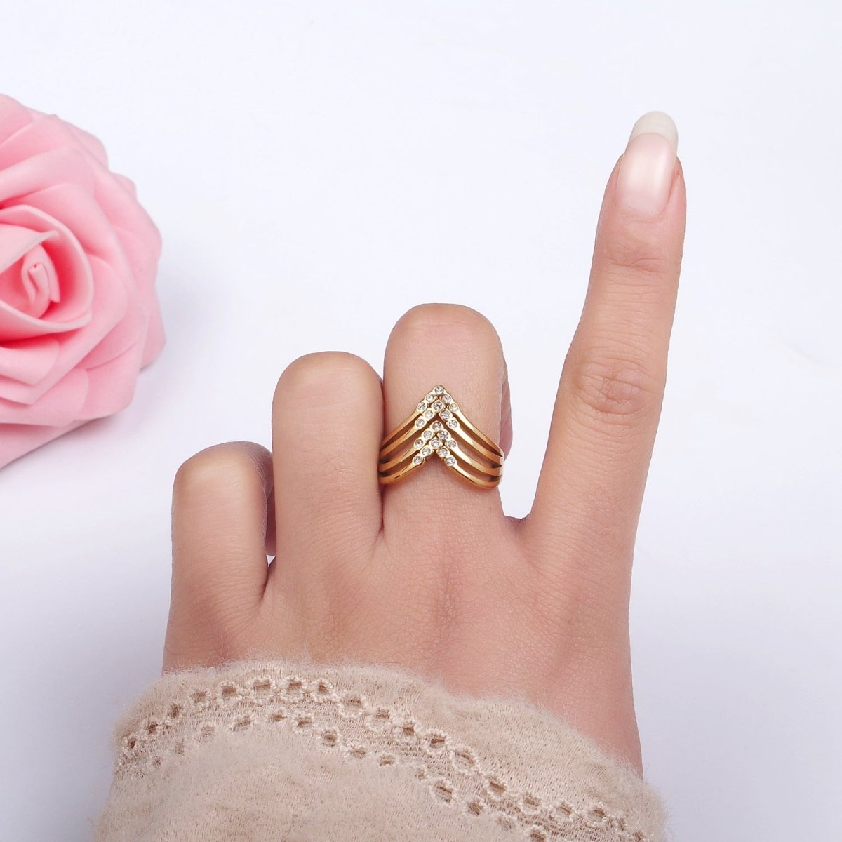 Stainless Steel CZ Micro Paved Dotted Multiple Band Chevron Ring | O1282