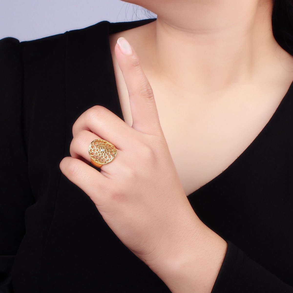 Stainless Steel CZ Open Lotus Flower Filigree Ring | O1305