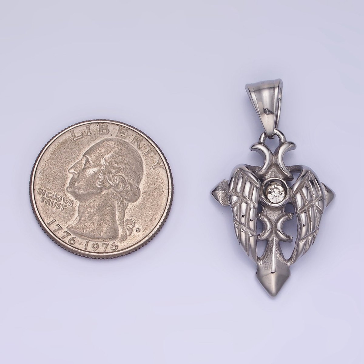 Stainless Steel CZ Passion Cross Bat Wings Pendant | P1389