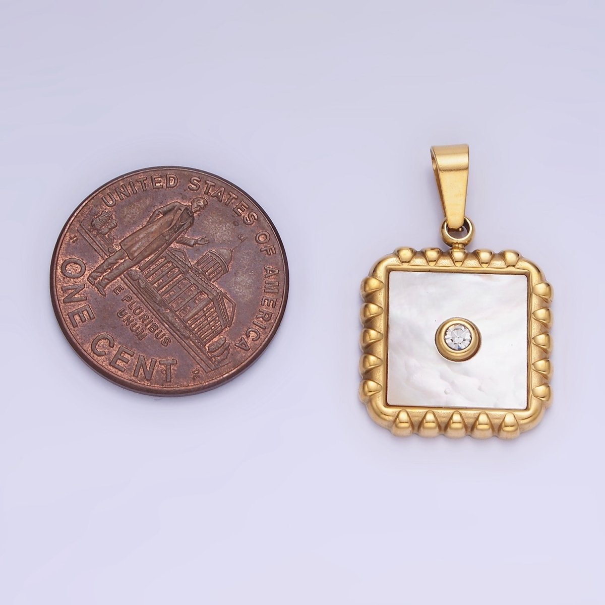 Stainless Steel CZ Shell Pearl Square Edged Bezel Pendant | P1392