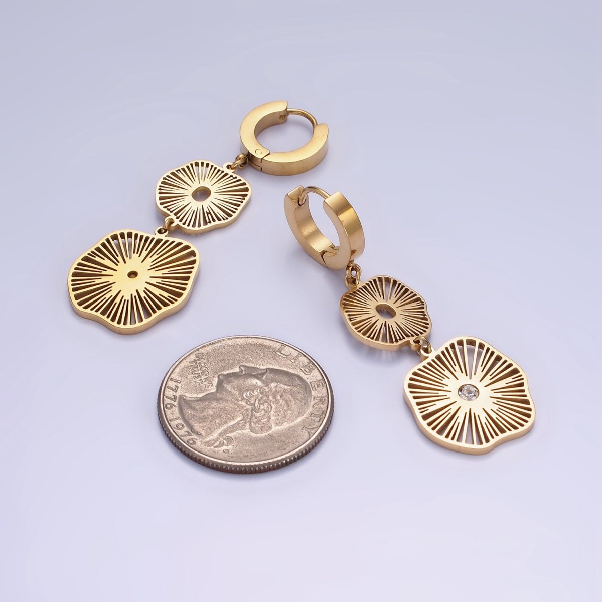 Stainless Steel Double Open CZ Sunburst Lined Geometric Drop Huggie Earrings | AE451