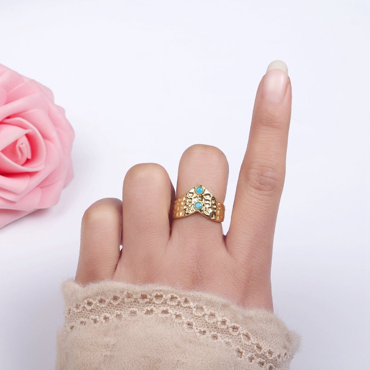 Stainless Steel Double Turquoise Hammered Chevron Ring | O1307