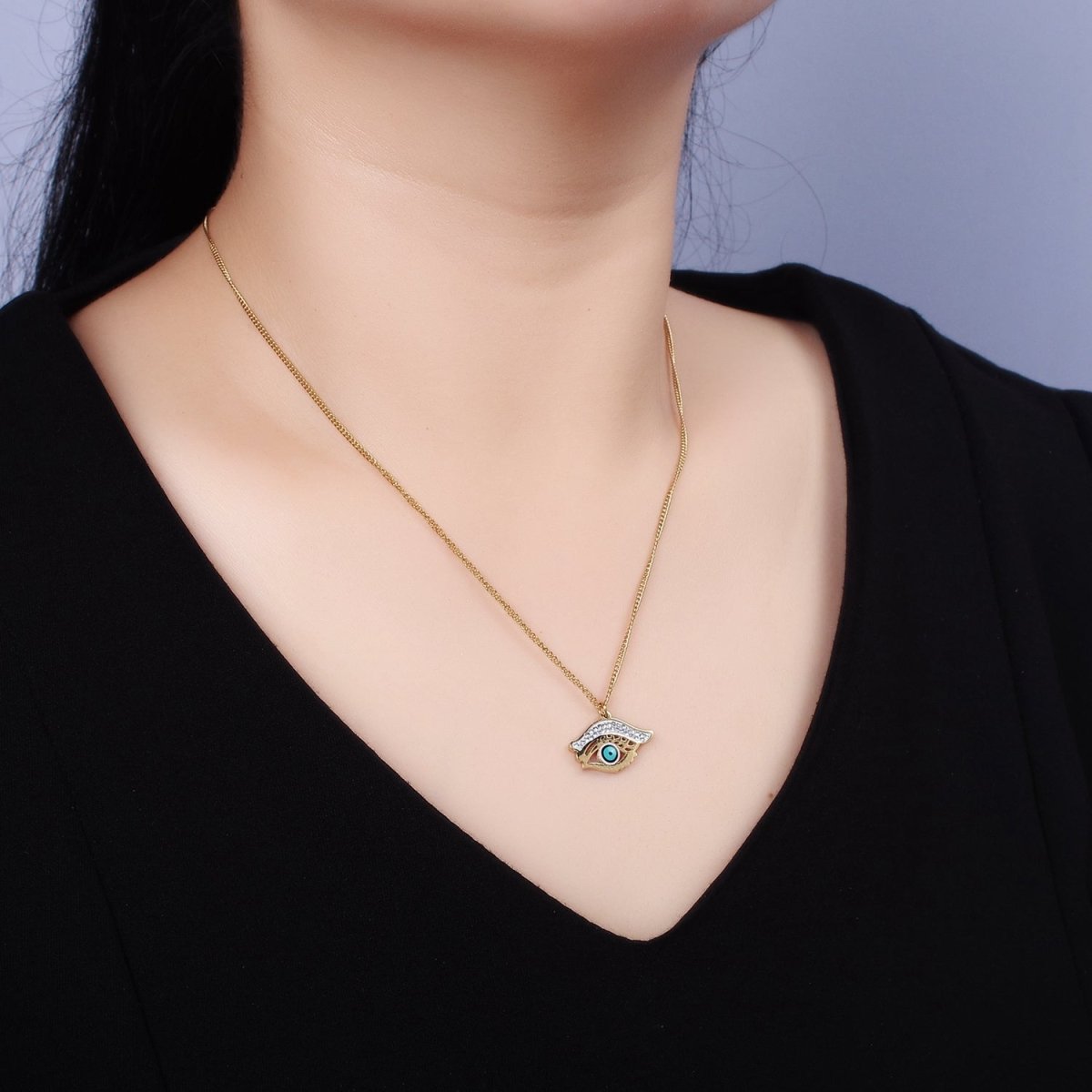 Stainless Steel Evil Eye Enamel Micro Paved CZ Charm 17 Inch Curb Chain Necklace | WA-2040 Clearance Pricing