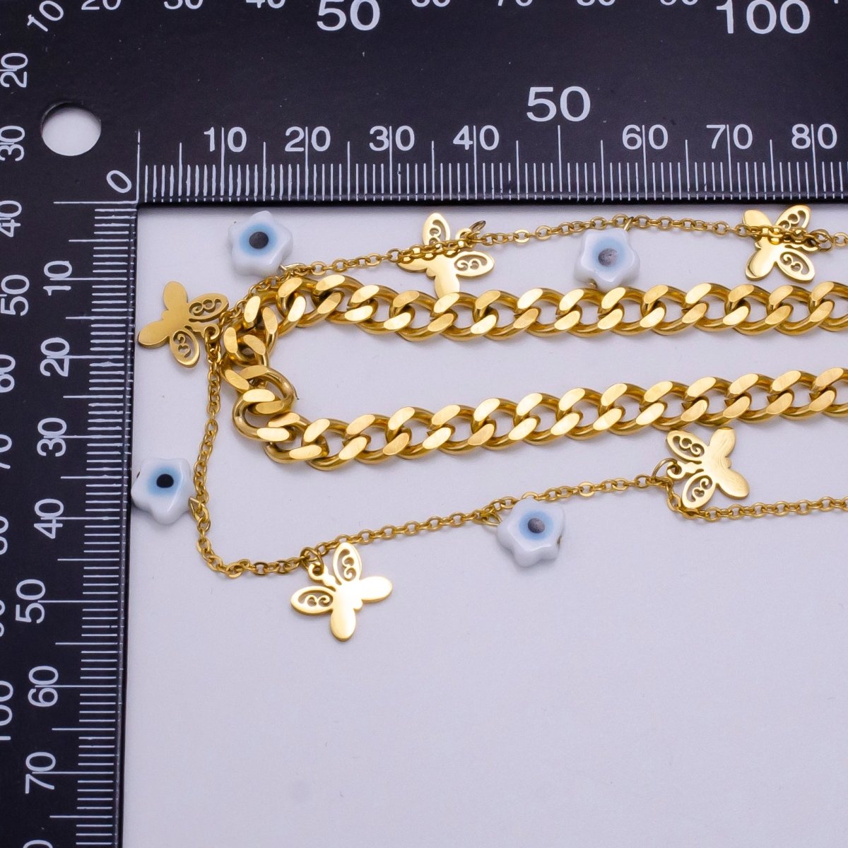Stainless Steel Evil Eye Flower Butterfly Cable Curb Chain Double Layer Necklace | WA-2341 Clearance Pricing