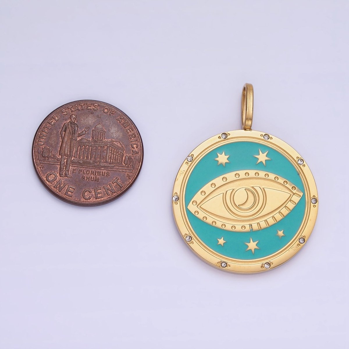 Stainless Steel Evil Eye Teal Celestial Star CZ Dotted Round Medallion Pendant | P1394