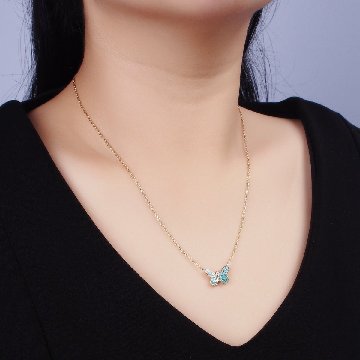 Stainless Steel Fairy Butterfly Wings Blue Enamel 17 Inch Cable Chain Necklace | WA-2059 Clearance Pricing