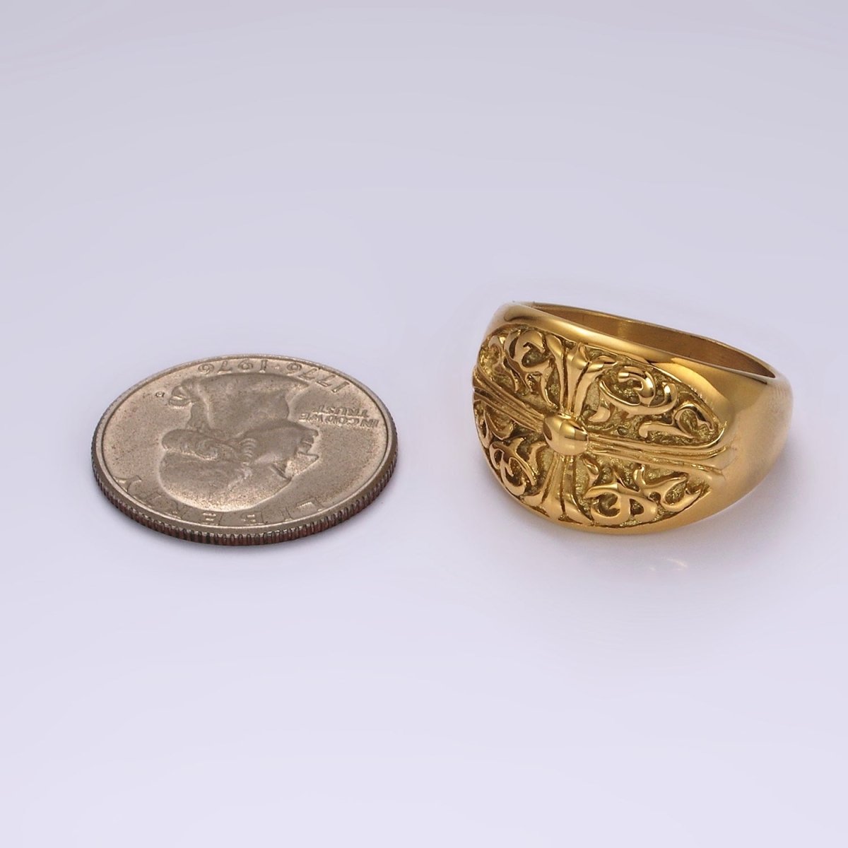 Stainless Steel Fleury Cross Artisan Oval Signet Ring in Gold & Silver | O1239 - O1244
