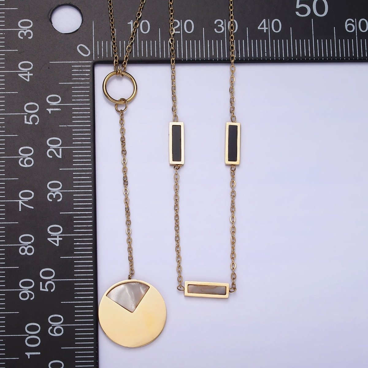 Stainless Steel Geometric Shell Pearl, Black Bar Lariat Round Pearl Cable Double Layer Stack Necklace | WA-2083 Clearance Pricing