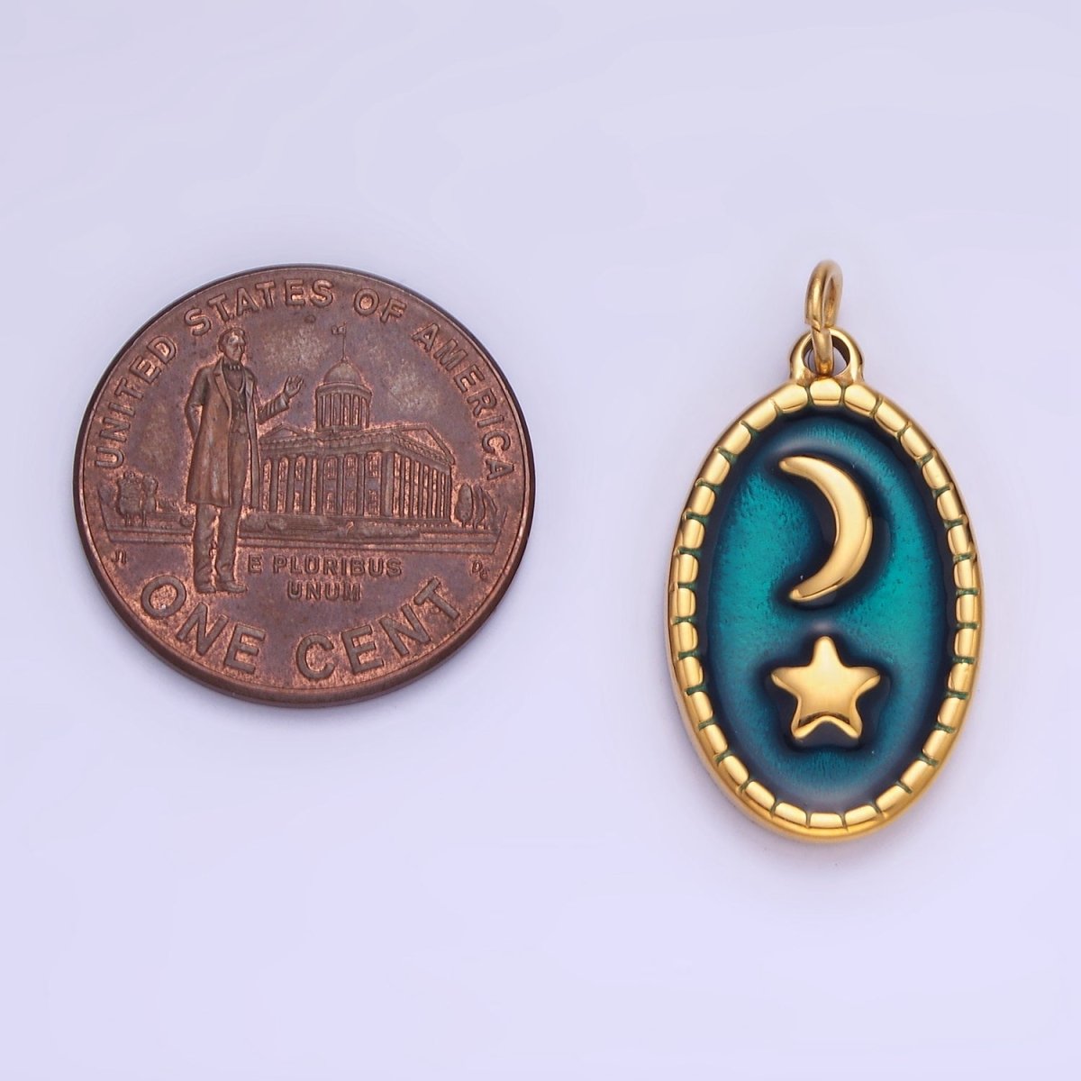 Stainless Steel Gold Celestial Pendant, Star Moon Medallion, Crescent Moon Pendant Oval Charm P-1382
