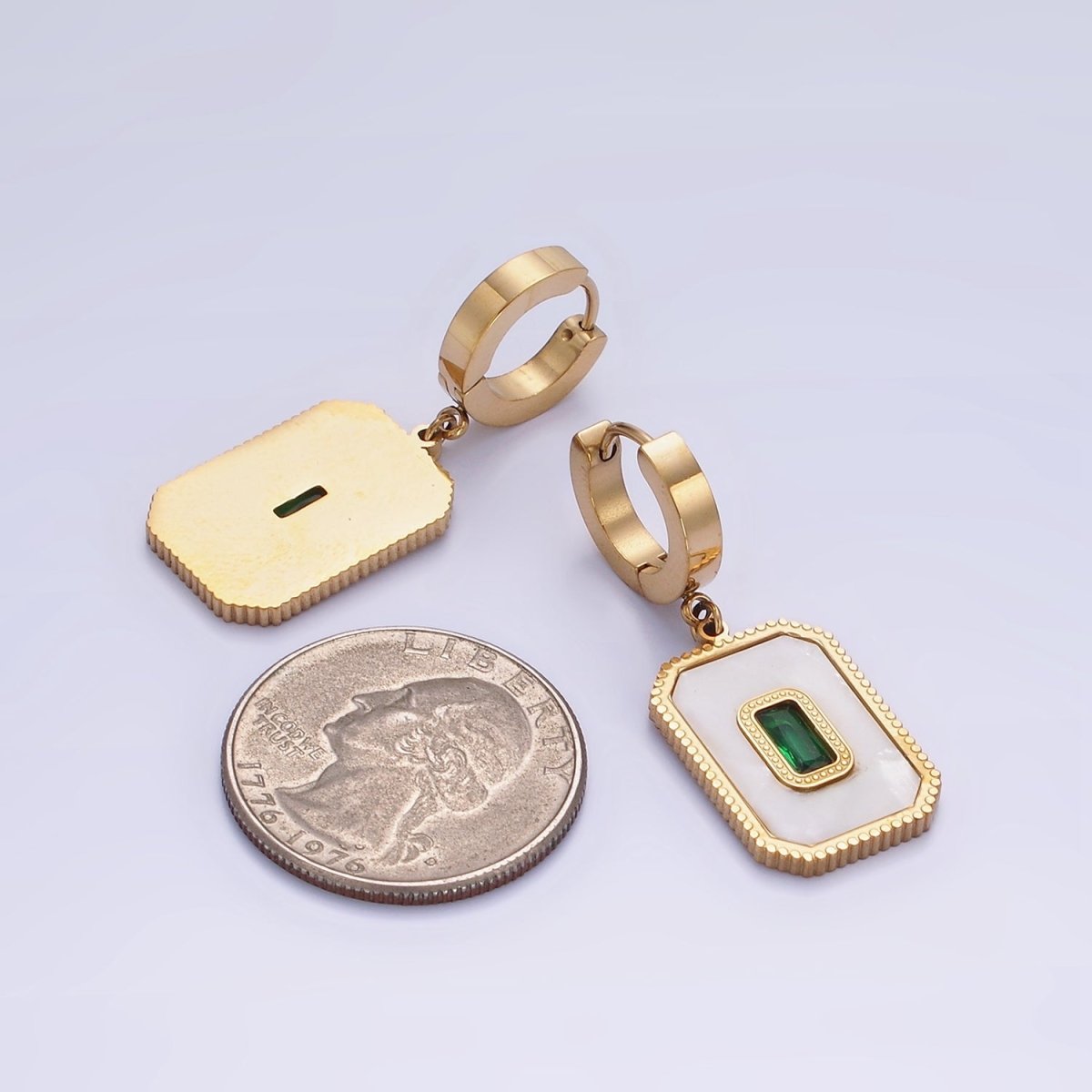 Stainless Steel Green Baguette Shell Pearl Rectangular Tag Drop Huggie Earrings | AE452