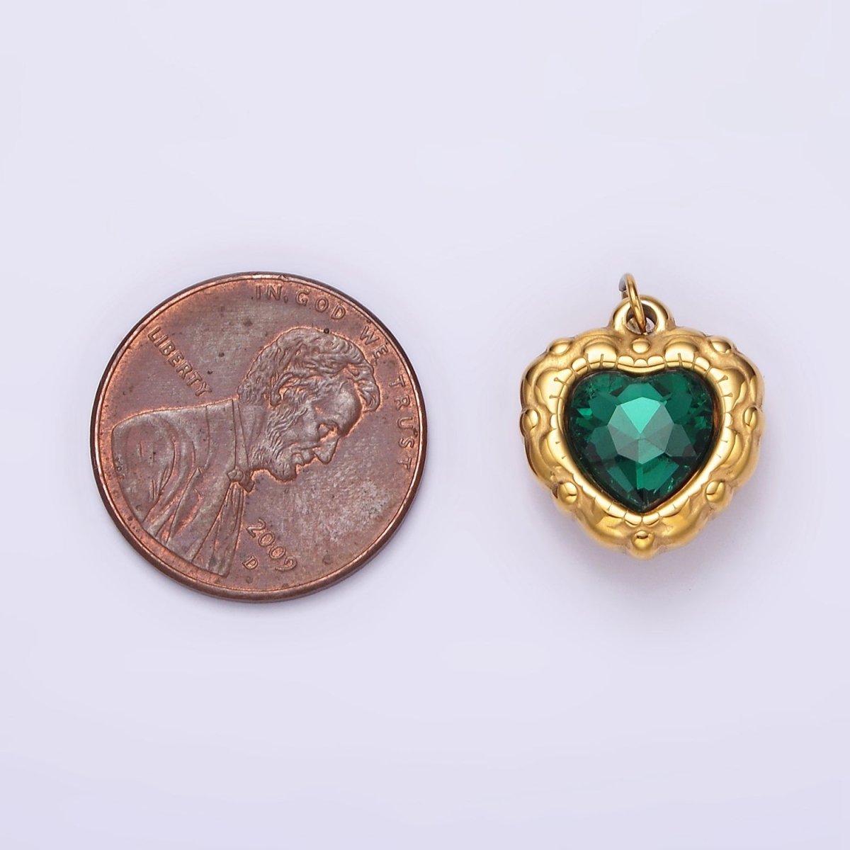 Stainless Steel Green CZ Heart Artisan Bezel Charm | P-654