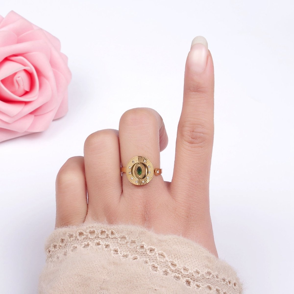 Stainless Steel Green Marquise CZ Dotted Sunburst Lined Oval Wrap Ring | O1288
