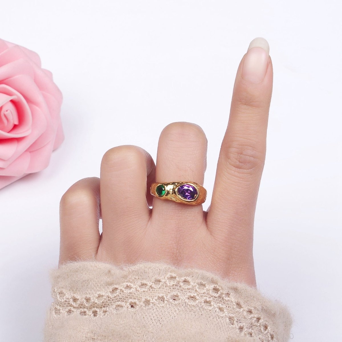 Stainless Steel Green Purple CZ Molten Ring | O1306