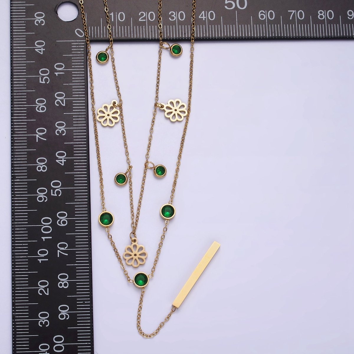 Stainless Steel Green Round CZ Disc Open Flower Bar Lariat Double Layer Stack Necklace | WA-2057 Clearance Pricing