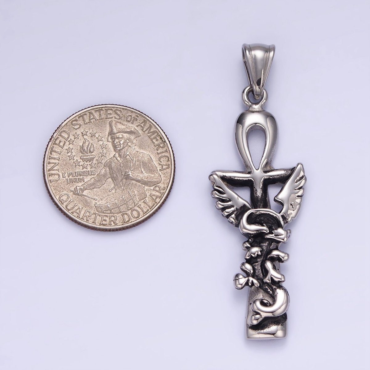 Stainless Steel Griffin Animal Ankh Cross Egyptian Oxidized Silver Pendant | P1410