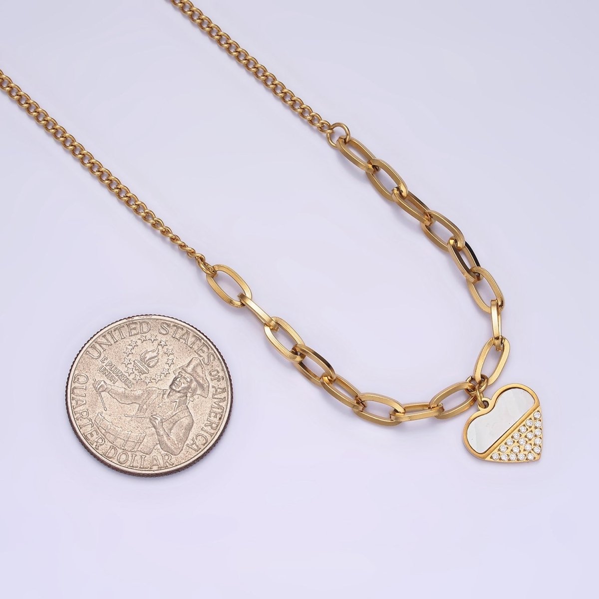 Stainless Steel Heart Micro Paved Shell Pearl Paperclip Curb 17 Inch Chain Necklace | WA-2052 Clearance Pricing