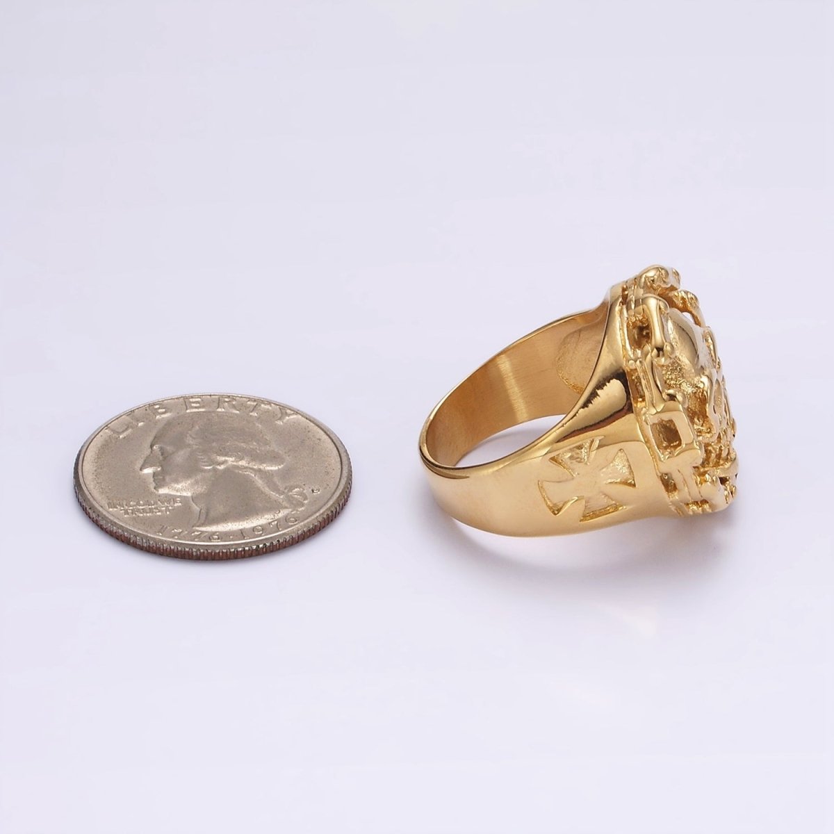 Stainless Steel Human Skull Skeleton Dotted Round Bolnisi Cross Signet Ring in Silver & Gold | O-716 ~ O-719 O-724 ~ O-727