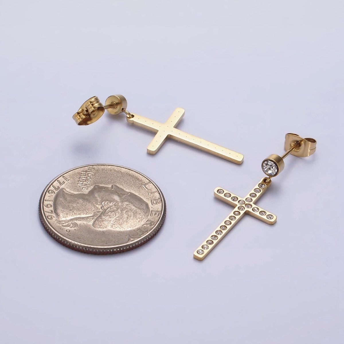 Stainless Steel Latin Cross Drop Clear CZ Stud Earrings | AE718