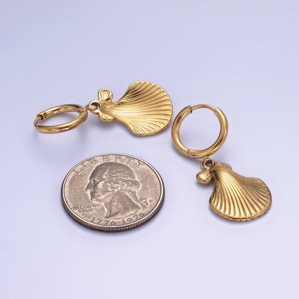 Stainless Steel Lined Ocean Sea Clam Shell Minimalist Drop Huggie Earrings | AE465