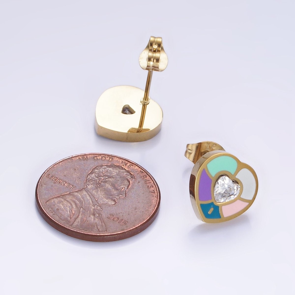 Stainless Steel Multicolor Enamel CZ Heart Stud Earrings | V502