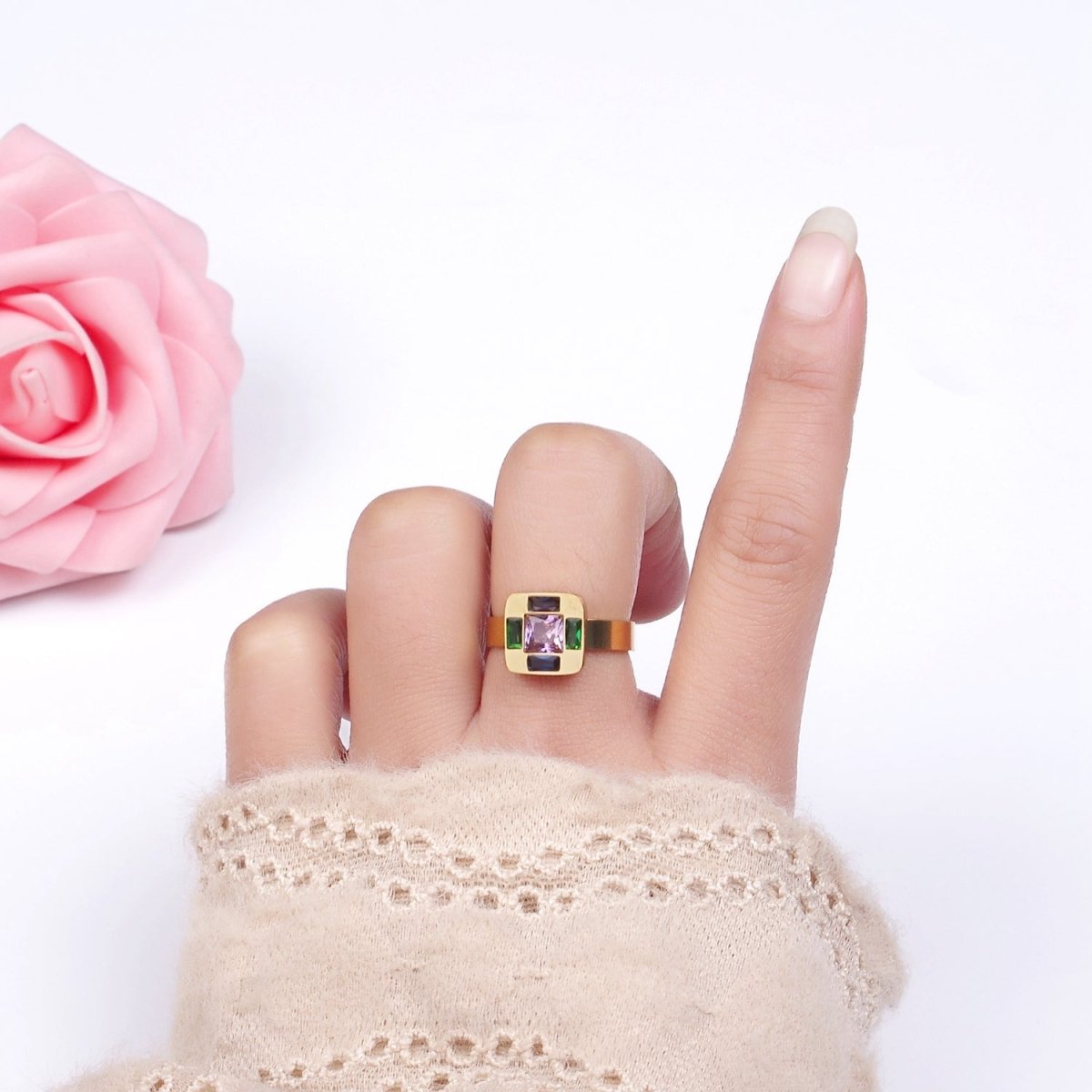 Stainless Steel Multiple Multicolor CZ Baguette Square Ring | O1301