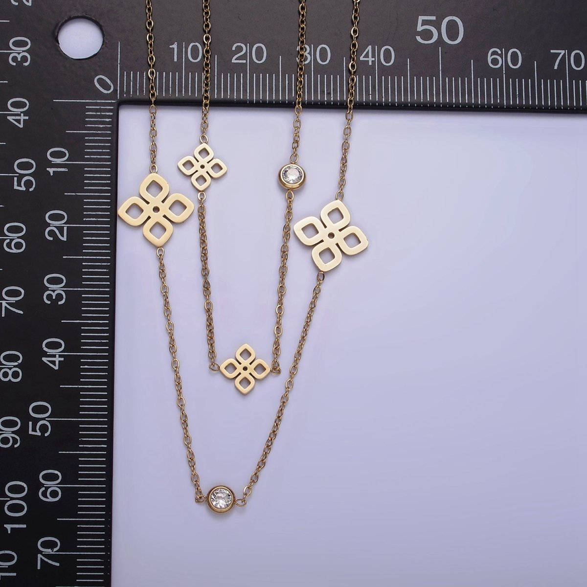 Stainless Steel Open Multiple Quatrefoil Double Clear CZ Cable Double Layer Chain Stack Necklace | WA-2069 Clearance Pricing