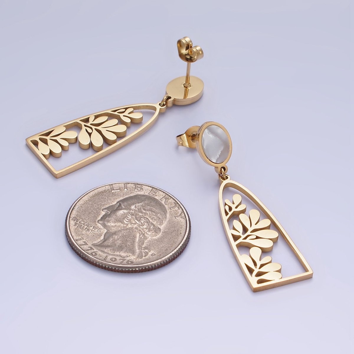 Stainless Steel Open Nature Compound Leaf Shell Pearl Oval Stud Drop Earrings Set | AE461