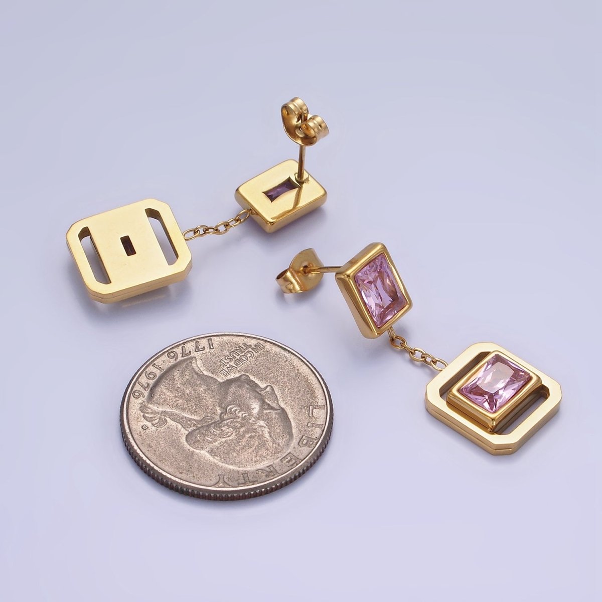 Stainless Steel Pink CZ Baguette Open Edged Square Bezel Drop Stud Earrings | AE453