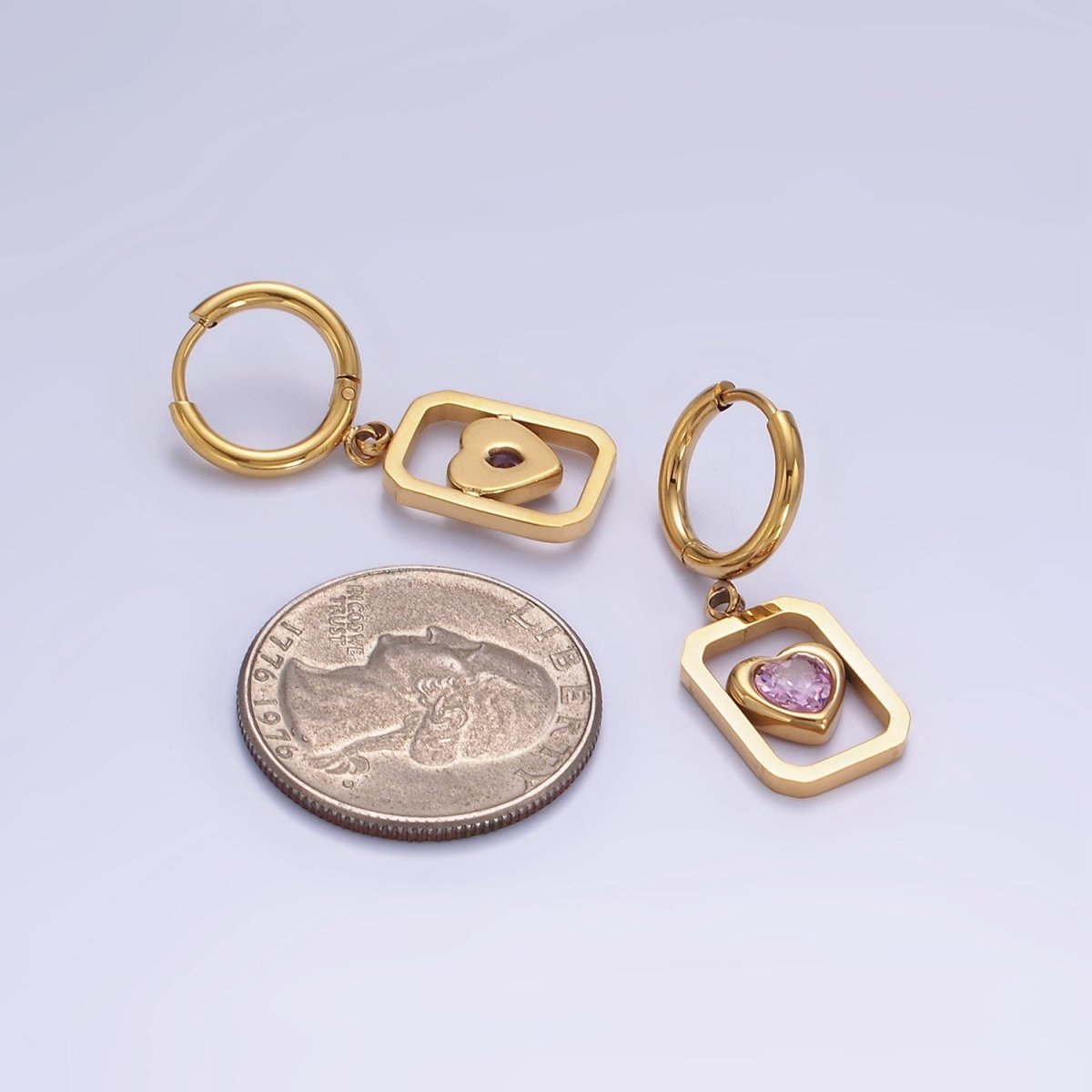 Stainless Steel Pink Heart CZ Open Tag Drop Huggie Earrings | AE459