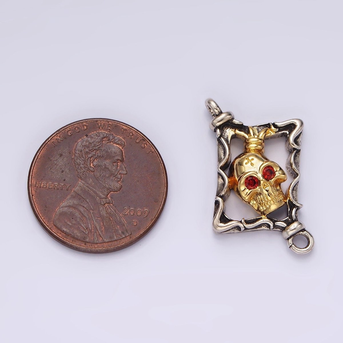 Stainless Steel Red CZ Skull Skeleton Open Abstract Rhombus Mixed Metal Connector | P-673